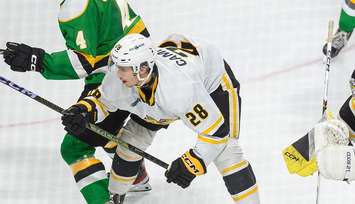 Sarnia Sting defenceman Carson Campbell is a preseason game against the London Knights. September 2023. (Metcalfe Photography)