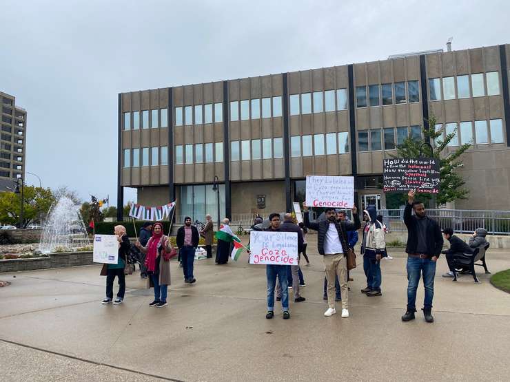 Members of Sarnia-Lambton's Palestinian community gather outside Sarnia city hall calling for peace in the Middle East. October 13, 2023 Blackburn Media photo by Melanie Irwin