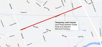 Map showing the closure of Gore Road between Clarke Road and Veterans Memorial Parkway. Image provided by the City of London