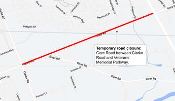 Map showing the closure of Gore Road between Clarke Road and Veterans Memorial Parkway. Image provided by the City of London