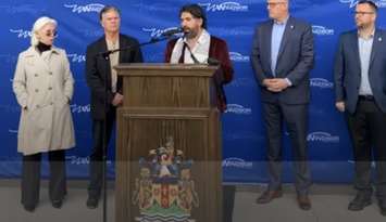 Windsor Ward 3 Councillor Renaldo Agostino announces a downtown safety initiative as, from left, Councillors Jo-Anne Gignac and Gary Kaschak, Mayor Drew Dilkens, and Councillor Mark McKenzie listen at Windsor City Hall, September 27, 2023. Image courtesy Councillor Renaldo Agostino/Facebook.