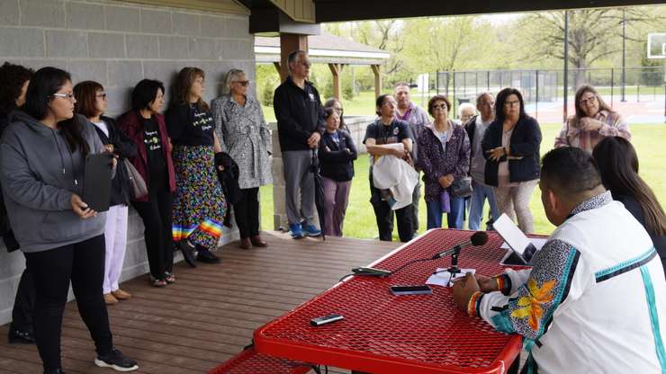 A gathering at Aamjiwnaang First Nation to discuss elevated benzene levels - May 3/24 (Blackburn Media photo by Melanie Irwin)