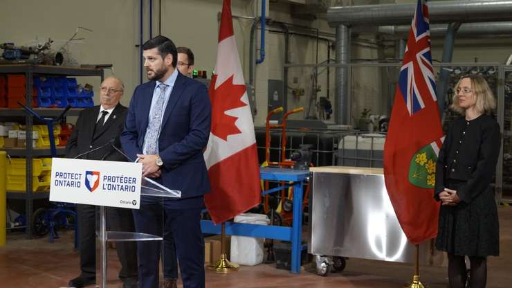 Sarnia-Lambton Economic Partnership CEO Matthew Slotwinski speaking at the High Bay Pilot Plant at the Western Sarnia-Lambton Research Park. October 31, 2025. (Photo by Natalia Vega)