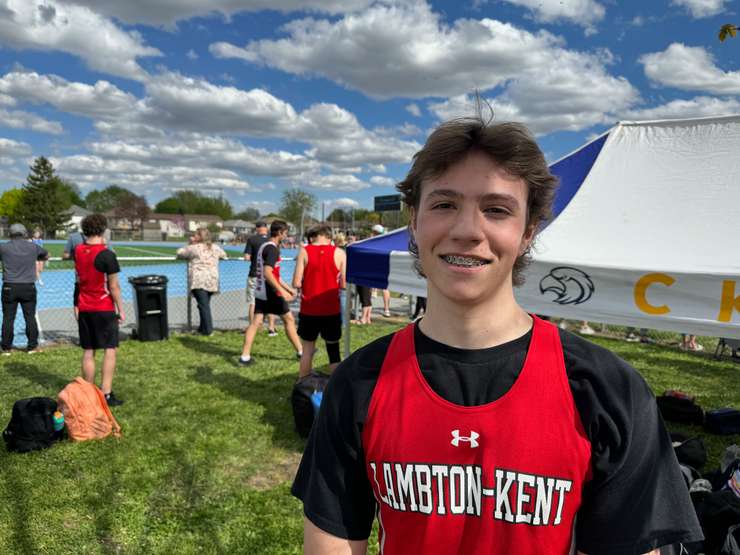 Lambton Kent Composite School Grade 9 student Kinser Rivest after winning the 200 metre race at the Secondary Track and Field Pre-Meet at Great Lakes Secondary School. April 30, 2024 Blackburn Media photo by Melanie Irwin