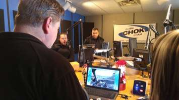 George Hayes, morning host for 99.9 The Fox, tests his impaired driving skills on the virtual car simulator. Dec. 13, 2017. (Photo by Colin Gowdy)
