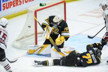 Sting goaltender Ben Gaudreau makes a save in Game 2 of Sarnia's opening round matchup versus the Guelph Storm. 2 April 2023. (Metcalfe Photography)
