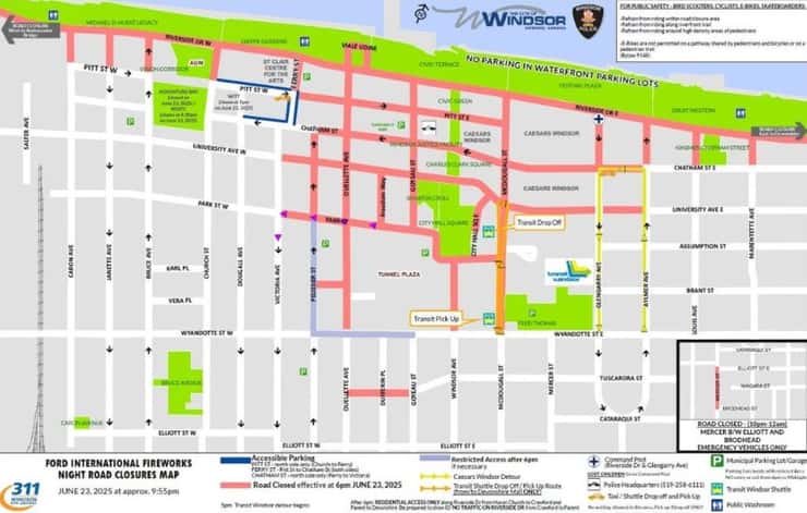 (Image of road closures during the Ford International Fireworks courtesy of the Windsor Police Service)