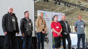 Rick Vaive, Doug Gilmour, Christine Simpson, Sam Denton, Darryl Sittler and Damian Warner at the We're All Stars Celebration in London, February 23, 2016. Photo by Miranda Chant.