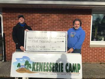 Andrew Clifford of East Lake St. Clair Wind Farm (left) and Kenesserie Camp Director Dan Richards. November 19, 2020. (Photo courtesy of Jason Stoner).