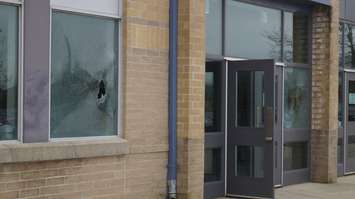 Broken windows at St. Patrick's Catholic High School in Sarnia. 5 November 2020. (BlackburnNews.com photo by Colin Gowdy)