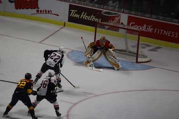 Windsor Spitfires winger Cole Carter springs in on Erie Otters goaltender Jake Lawr at the WFCU Centre on September 22, 2016. (Photo by Ricardo Veneza)