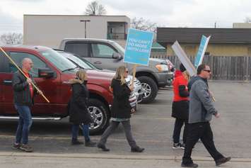 Dozens gather in Chatham on Tuesday, April 30, 2019 to rally against provincial funding cuts to education. (Photo by Allanah Wills) 