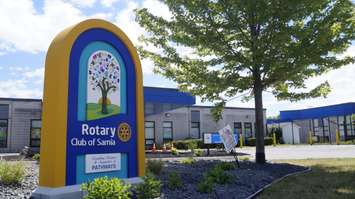 Pathways erects a legacy sign to honour the Rotary Club of Sarnia.  22 June 2021.  (BlackburnNews.com file photo)