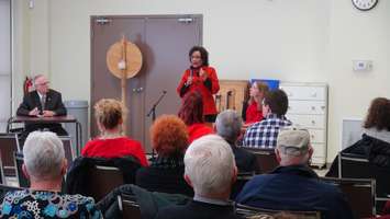 Liberal Health Critic Hedy Fry speaks at a town hall meeting in Chatham-Kent (Photo by Jake Kislinsky).