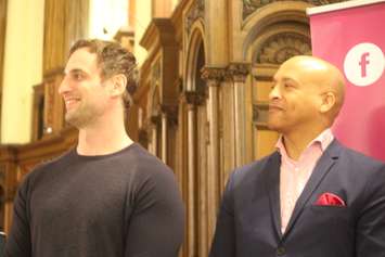 Mix 96.7FM morning co-host Jay Marchillo and TV meteorologist Gary Archibald at the launch of the Celebrity Men's Fashion Event, March 20, 2019. Photo by Mark Brown/Blackburn News.