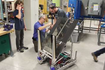 Members of the Chatham-Kent Cyber Pack test out their robot for the First Robotics Competition on February 19, 2019. (Photo by Allanah Wills)