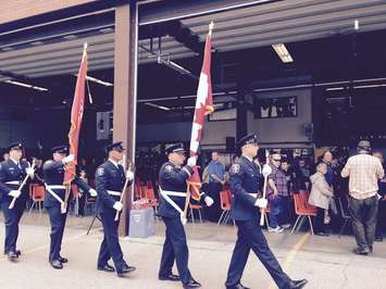 Chatham-Kent Fire Service honour guard brings in colours before ceremony begins July 9, 2015 (Photo by Simon Crouch)
