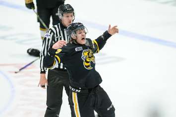 Sting defenceman Ethan Del Mastro in Game 2 of Sarnia's opening round playoff matchup against the Guelph Storm. 2 April 2023. (Metcalfe Photography)