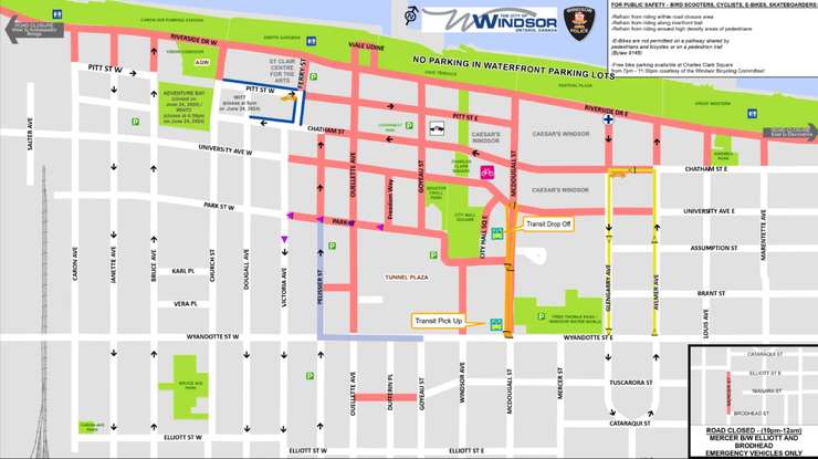 (Road closures in Windsor at 6 p.m. on June 24, 2024. Photo courtesy of the Windsor Police Service)