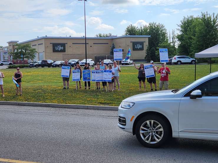 Workers at the LCBO on Quinn Drive in Sarnia picket outside of the store on day one of the strike. July 5, 2024. Blackburn Media photo by Josh Boyce.