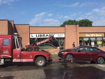 Damage to Mallroad Library after a car slammed into the building Aug 15, 2017. BlackburnNews.com photo by Melanie Irwin.