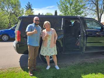 NDP Leader Andrea Horwath with CKL NDP candidate Brock McGregor. (Photo by Paul Pedro) May 13, 2022.