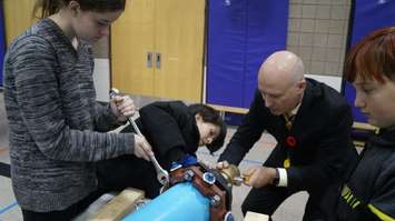 Students at St. Matthew's Catholic School in Sarnia taking part in a skilled trades workshop put on by LiUNA Local 1089. October 30, 2019. (BlackburnNews.com photo by Colin Gowdy) 