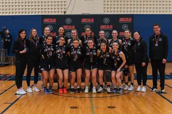 Lambton College Women's Basketball team claims a silver medal at the 2023 OCAA Championship. March 2023. (Photo by Mackenzie Gerry)