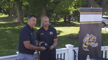 Sarnia Sting GM Dylan Seca introducing Alan Letang as the new head coach of the hockey club.  22 June 2021.  (BlackburnNews.com file photo)