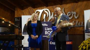 Lambton-Kent-Middlesex MP Lianne Rood with former LKM MP Bev Shipley shortly after Rood was re-elected in the 44th federal election. 20 September 2021. (BlackburnNews.com photo by Colin Gowdy)