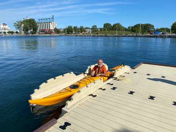 A kayaker uses the new accessible canoe and kayak launch just south of the Suncor Agora in Centennial Park. August 6, 2020 Photo by Melanie Irwin