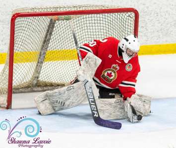 Sarnia Legionnaires goaltender Brenden Stroble in a game versus the Chatham Maroons. 17 March 2022. Shawna Lavoie Photography.