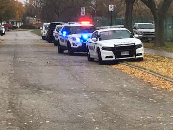 Windsor police vehicles on scene of an apparent industrial accident at a school under construction in Forest Glade, Windsor, November 11, 2021. Photo by Adelle Loiselle/WindsorNewsToday.ca.