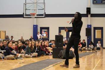 Recording artist and motivational speaker Emmanuel Jal visits Ursuline College in Chatham on November 26, 2015. (Photo by Ricardo Veneza)
