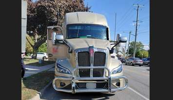 Transport truck involved in three-vehicle collision on October 5, 2025. (Photo courtesy of the Sarnia Police Service)