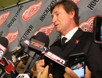 Wayne Gretzky speaks to media during the funeral visitation for Gordie Howe, June 14, 2016. (Photo by Maureen Revait) 