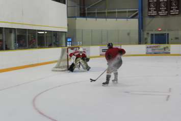 Hockey players take to the ice for game one in the Athletes Fuel Cup Series. It's team Schaafsma vs team Griffith. August 2, 2016. 