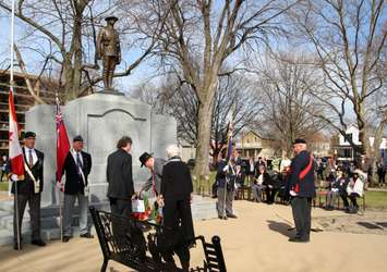 A wreath is laid Apr. 2, 2017 in Sarnia in memory of four local men killed in the battle of Vimy Ridge (Photo by Dave Dentinger)