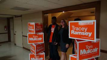 Essex NDP Candidate Tracey Ramsey arrives at her election party, October 19, 2015 (Photo by Jake Kislinsky)