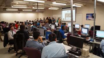 Mayor from El Salvador Rafael Tejada addresses full class of Lambton College Information Technology Professional students. April 13, 2016 (BlackburnNews.com Photo by Briana Carnegie)