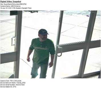 Police are looking for this man following a bank robbery at the Royal Bank of Canada at 1670 Dundas St. in London, April 16, 2016. (Photo courtesy of the London Police Service)