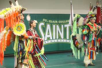Dancers prepare to begin an opening dance circle at the 4th annual PowWow, St. Clair College SportsPlex, Windsor, June 6, 2019. Photo by Mark Brown/Blackburn News.