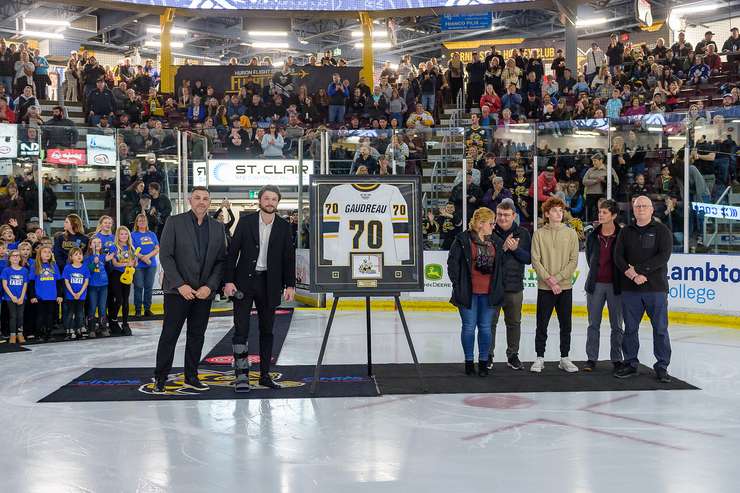 Ben Gaudreau being honoured at Sarnia Sting home game against Erie Otters February 9, 2024 (supplied by: Metcalfe Photography). 