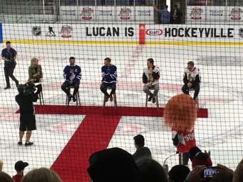Nazem Kadri, Connor Brown, Thomas Chabot and Tom Pyatt holding a Q and A for the local students here in Lucan. (Photo by Ryan Drury)