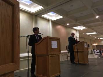 The two top contenders for the mayor's seat in Windsor faced off at the Windsor-Essex Regional Chamber of Commerce debate at the Fogolar Furlan Club. Oct 10, 2018. (Photo by Paul Pedro)