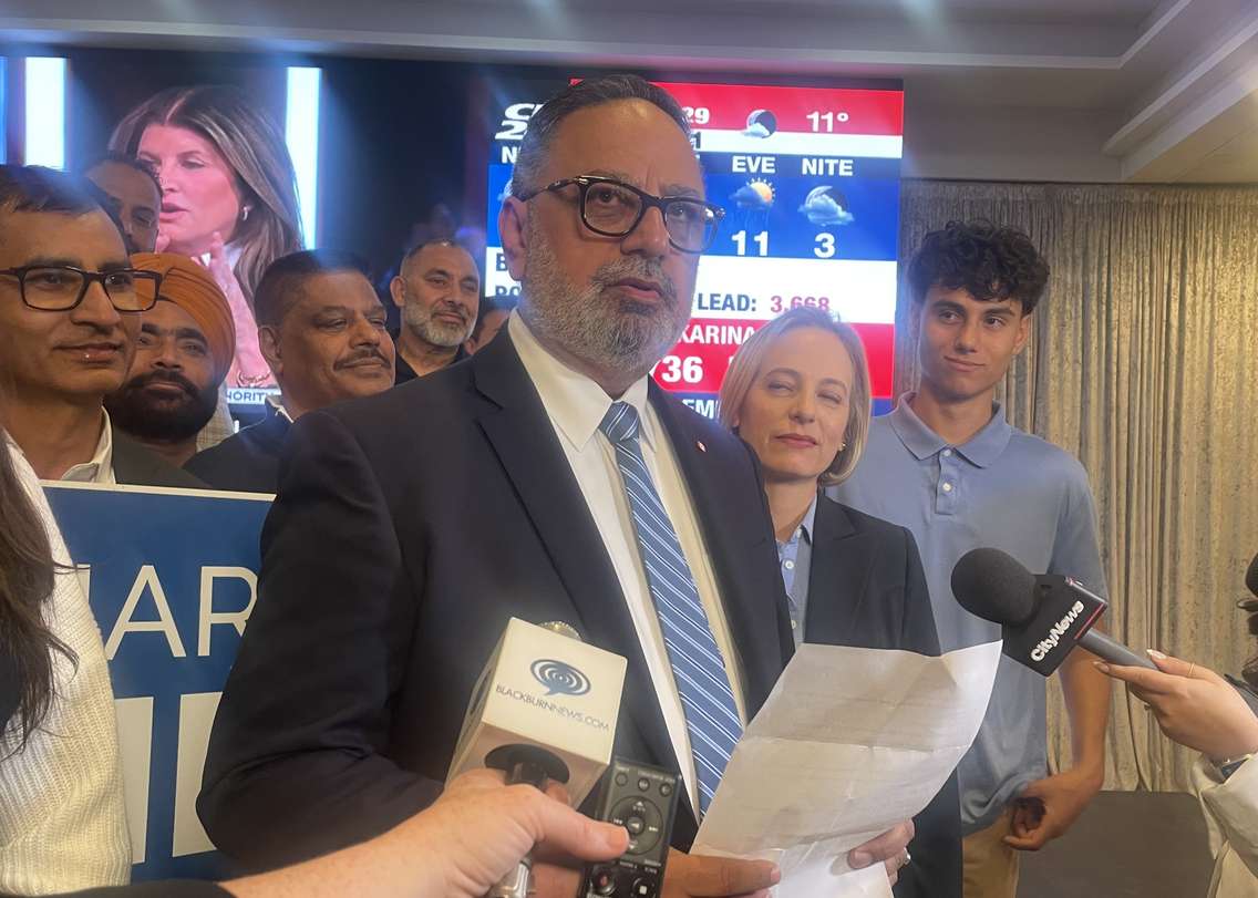 Windsor-West MP elect Harb Gill speaks to reporters on election night, April 28, 2025. (Photo by Maureen Revait) 