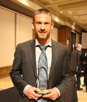 Male Athlete of the Year award recipient Lionel Sanders, March 28, 2016 (Photo by Maureen Revait)
