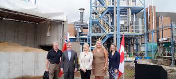 (From left to right) Sarnia Mayor Mike Bradley, Woodland CEO Greg Nuttall, MP Kate Young, MP Marilyn Gladu, Research Park Ex. Director Katherine Albion. August 27, 2019. (BlackburnNews photo by Colin Gowdy)
