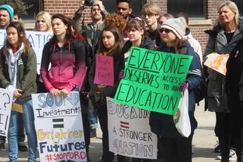 University of Windsor students participate in a rally coinciding with a walkout to protest planned OSAP cuts at the CAW Student Centre, March 20, 2019. Photo by Mark Brown/Blackburn News.