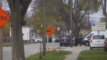 Sarnia police block off the area around 125 Euphemia St. South. April 25, 2023. (Photo by Natalia Vega)